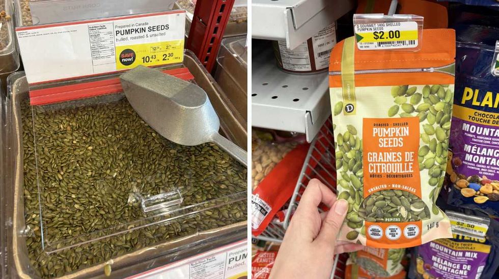 bin of Pumpkin seeds at Bulk Barn. Right: person holding bag of Pumpkin seeds at Dollarama.
