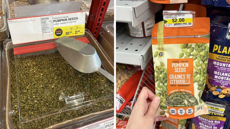 bin of Pumpkin seeds at Bulk Barn. Right: person holding bag of Pumpkin seeds at Dollarama.