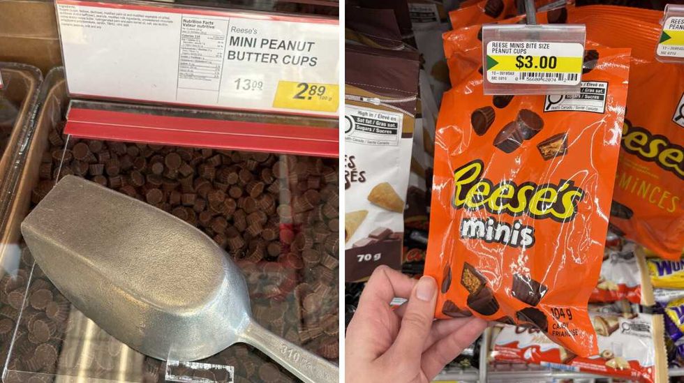 bin of Reese's mini peanut butter cups at Bulk Barn. Right: person holding bag of Reese's Minis at Dollarama.