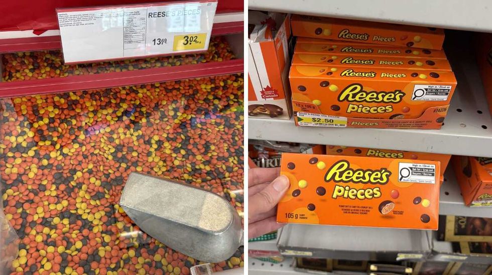 bin of Reese's Pieces at Bulk Barn. Right: person holding box of Reese's Pieces at Dollarama.