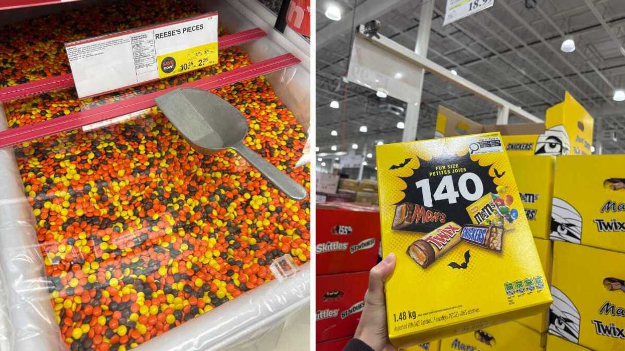 bin of reese's pieces chocolates at bulk barn store. right: person holding box of mars, twix, snickers and peanut m&ms chocolate at costco