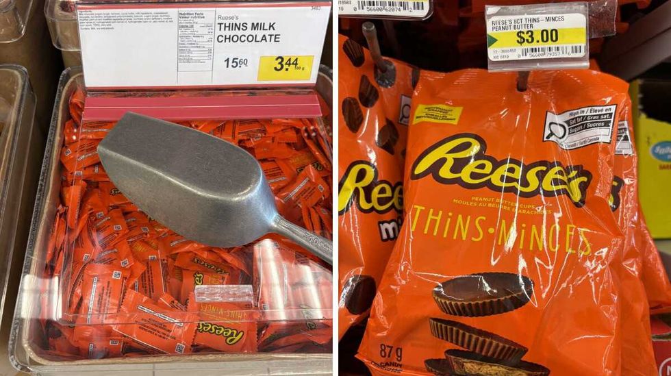 bin of Reese's Thins at Bulk Barn. Right: bags of Reese's Thins at Dollarama.