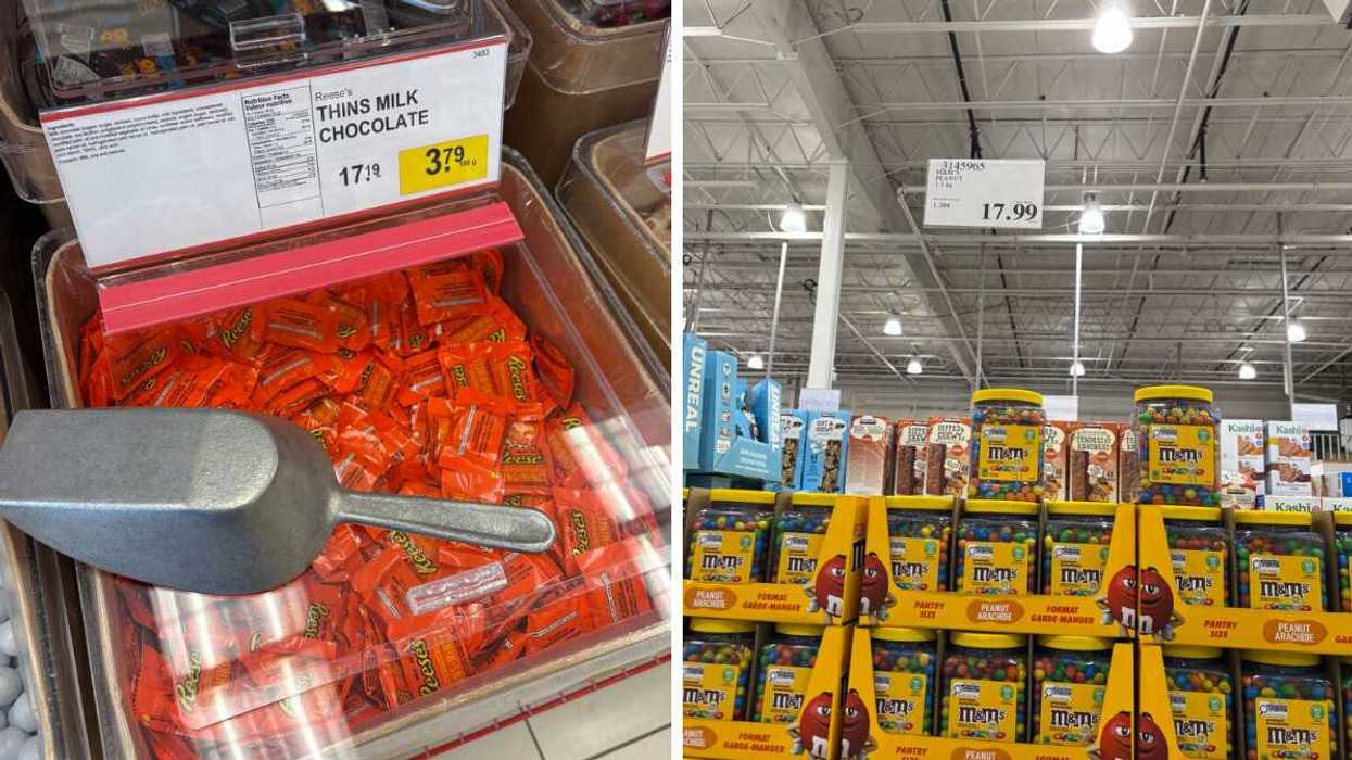 bin of reese's thins at bulk barn. right: tubs of peanut m&m's at costco