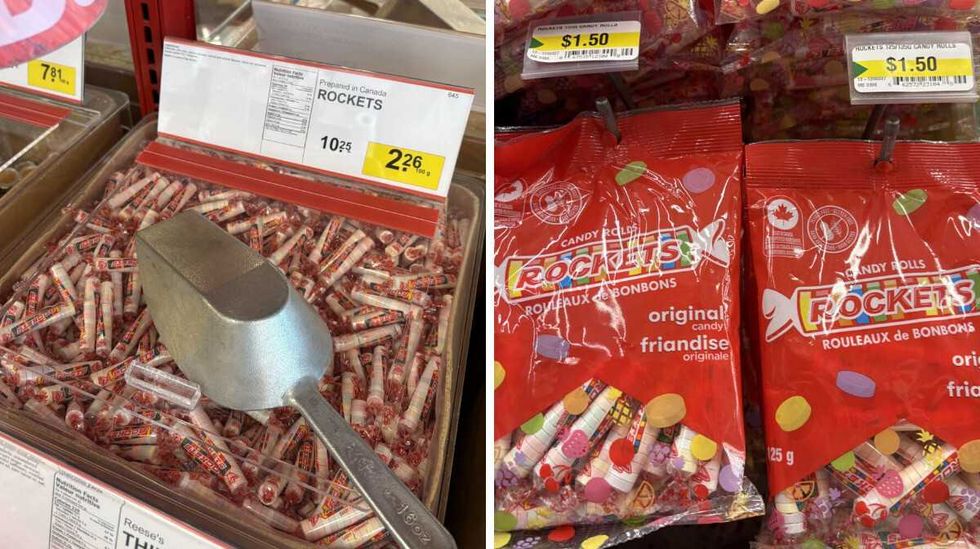 bin of Rockets at Bulk Barn. Right: bags of Rockets at Dollarama.