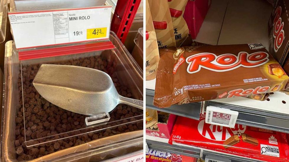 bin of Rolo at Bulk Barn. Right: pack of Rolo at Loblaws.
