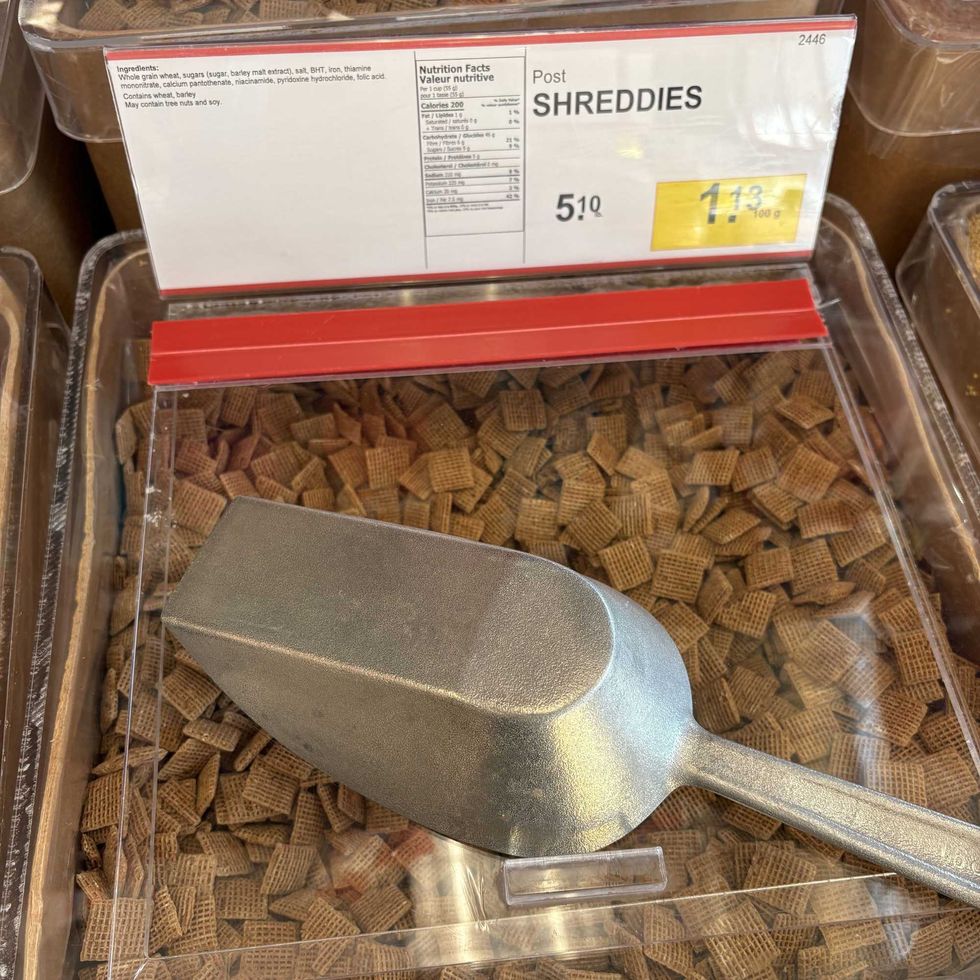 bin of Shreddies cereal at Bulk Barn