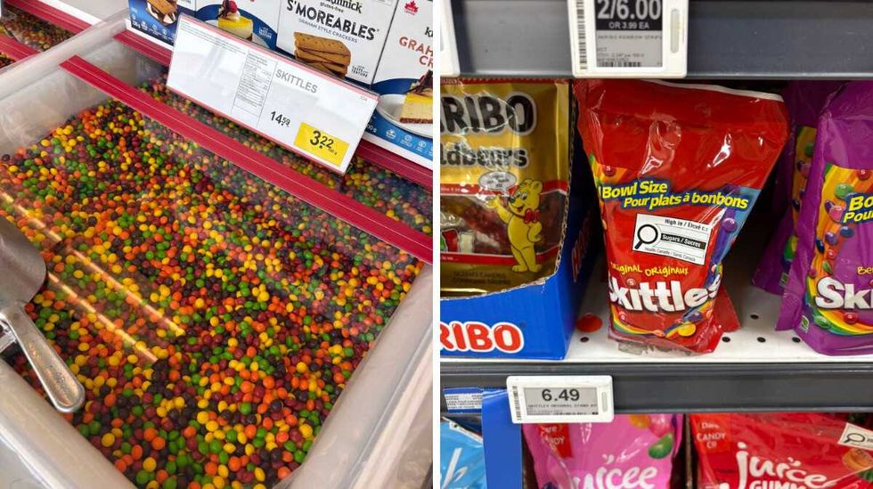 bin of Skittles at Bulk Barn. Right: bag of Skittles at Loblaws.