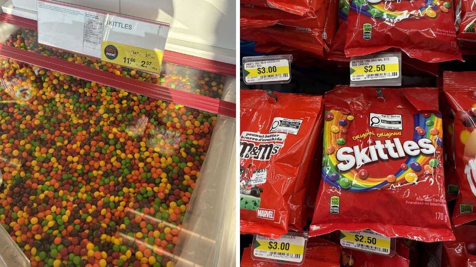 bin of Skittles at Bulk Barn. Right: bags of Skittles at Dollarama.