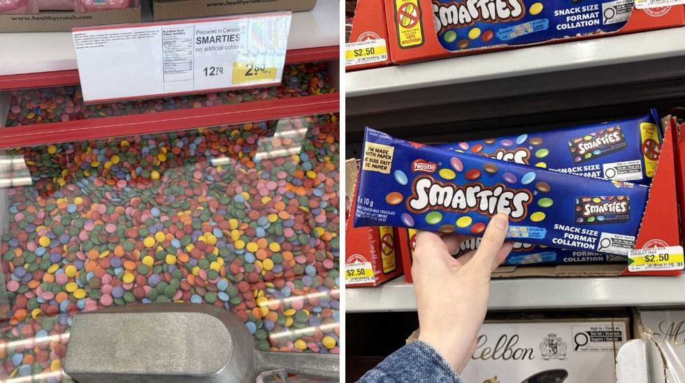 bin of Smarties at Bulk Barn. Right: person holding pack of Smarties at Dollarama.