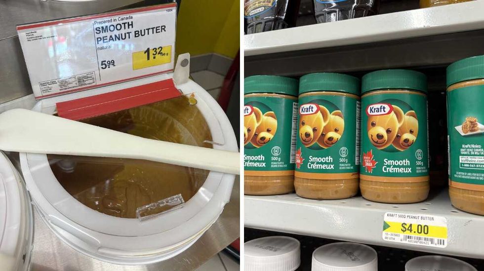 bin of Smooth peanut butter at Bulk Barn. Right: jars of Kraft smooth peanut butter at Dollarama.