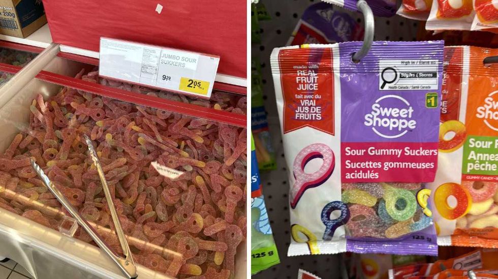 bin of Sour gummy suckers at Bulk Barn. Right: bag of Sour gummy suckers at Dollarama.