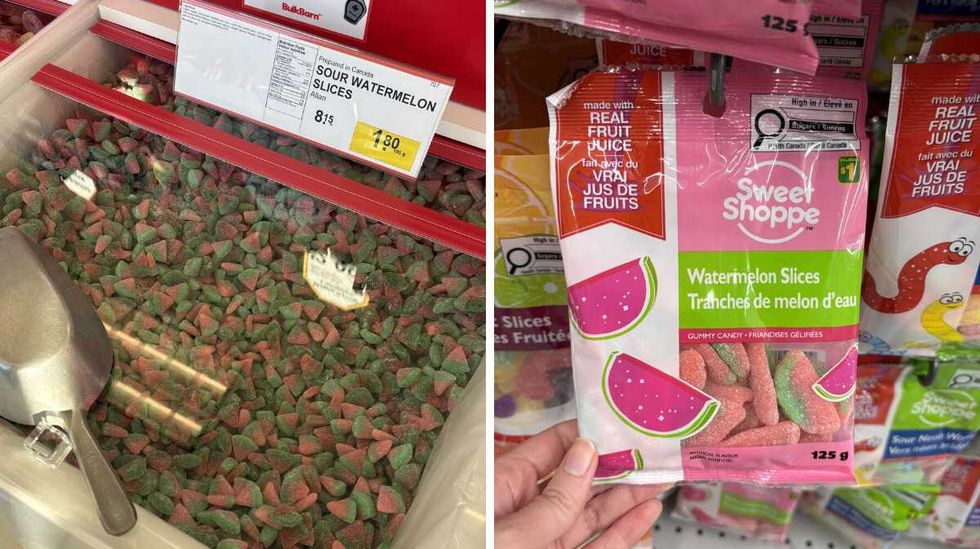 bin of Sour watermelon slices at Bulk Barn. Right: person holding bag of Watermelon slice candies at Dollarama.