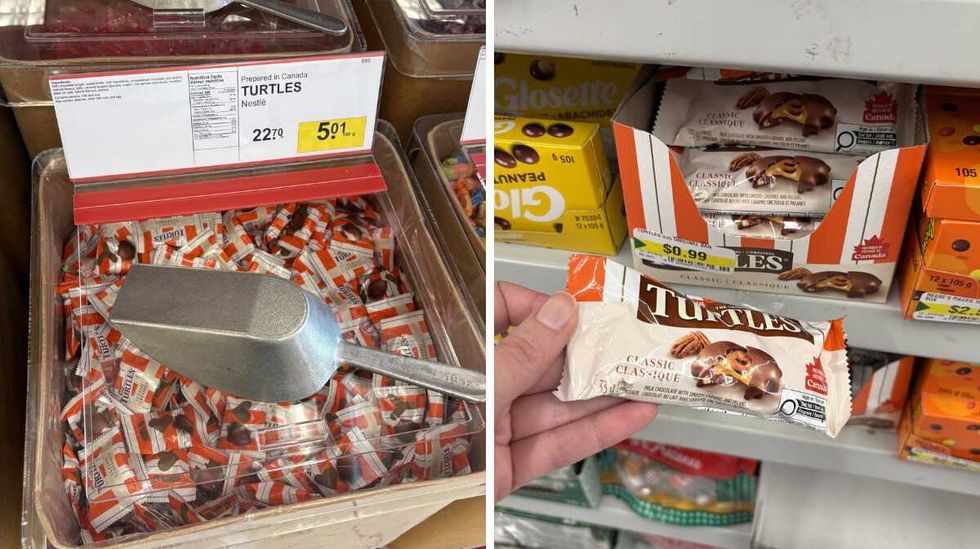 bin of Turtles at Bulk Barn. Right: person holding pack of Turtles at Dollarama.