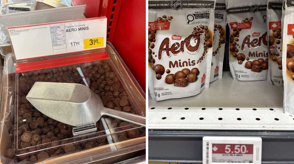 bin of \u200b\u200bAero Minis at Bulk Barn. Right: bags of Aero Minis at Loblaws.