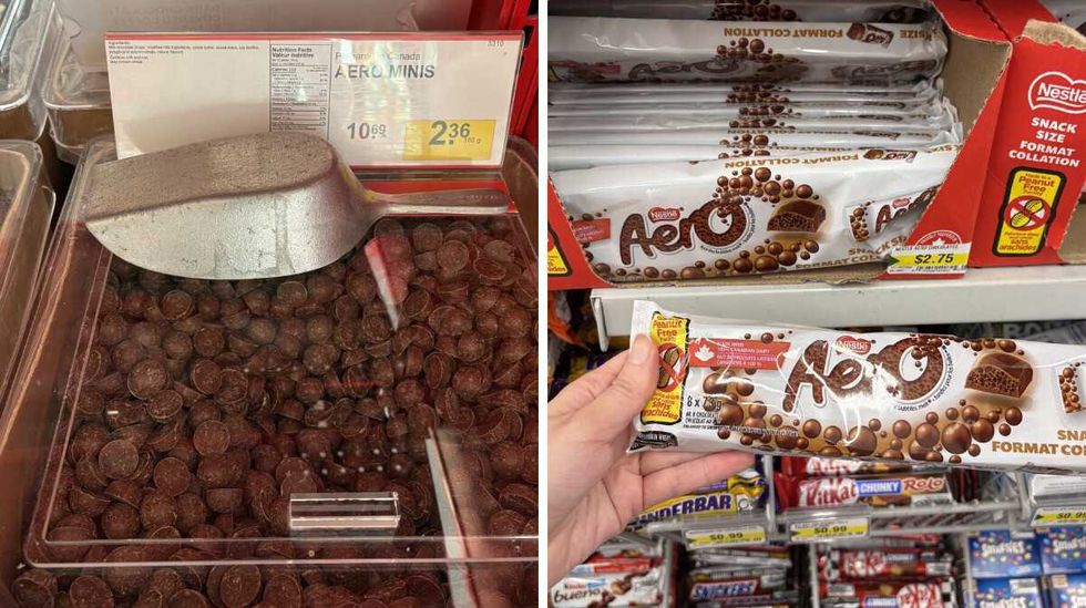 bin of \u200b\u200bAero minis at Bulk Barn. Right: person holding pack of Mini Aero bars at Dollarama.