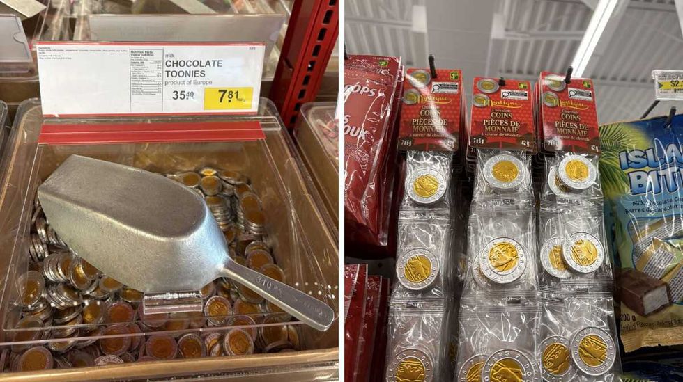 bin of \u200b\u200bChocolate toonies at Bulk Barn. Right: packs of Chocolate toonies at Dollarama.