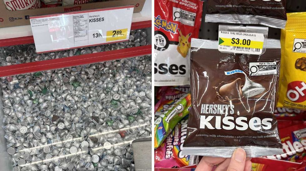bin of \u200b\u200bHershey's Kisses at Bulk Barn. Right: person holding bag of Hershey's Kisses at Dollarama.