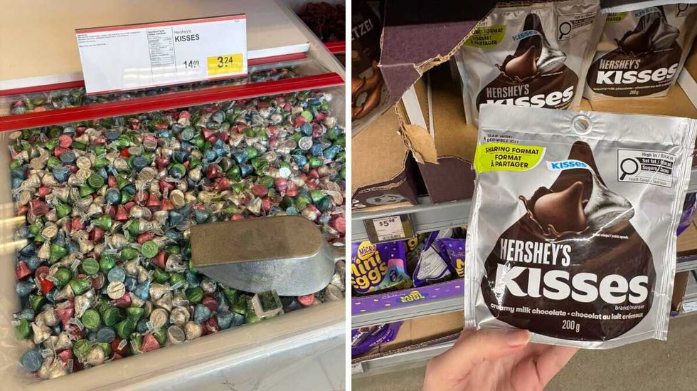 bin of \u200b\u200bHershey's Kisses at Bulk Barn. Right: person holding bag of Hershey's Kisses at Walmart.