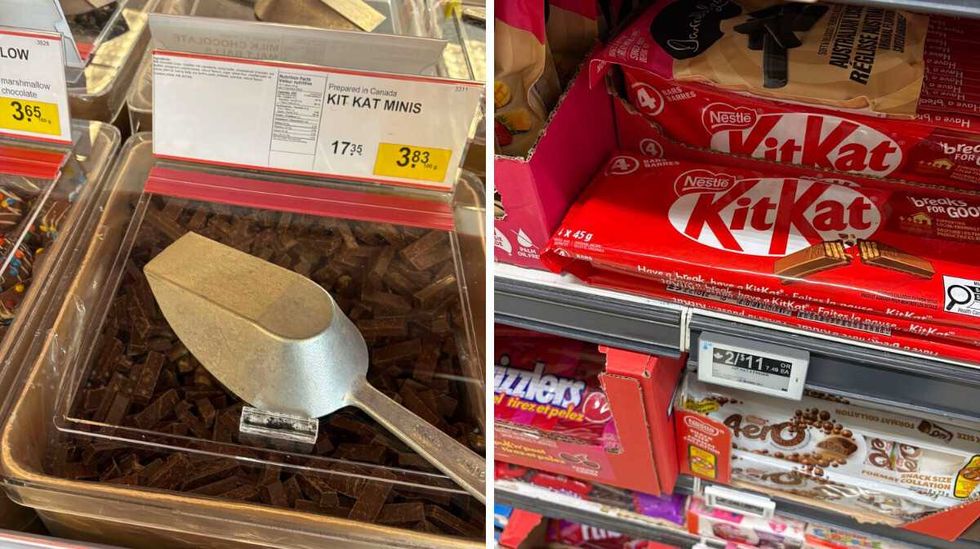 bin of \u200b\u200bKit Kat at Bulk Barn. Right: pack of Kit Kat at Loblaws.