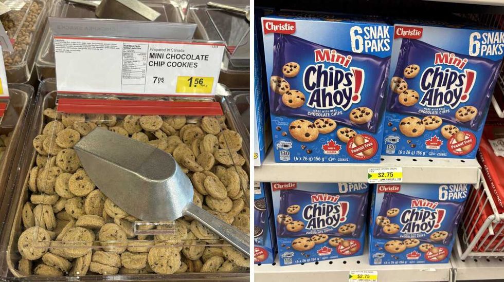 bin of \u200b\u200bMini chocolate chip cookies at Bulk Barn. Right: boxes of Chips Ahoy mini chocolate chip cookies at Dollarama.