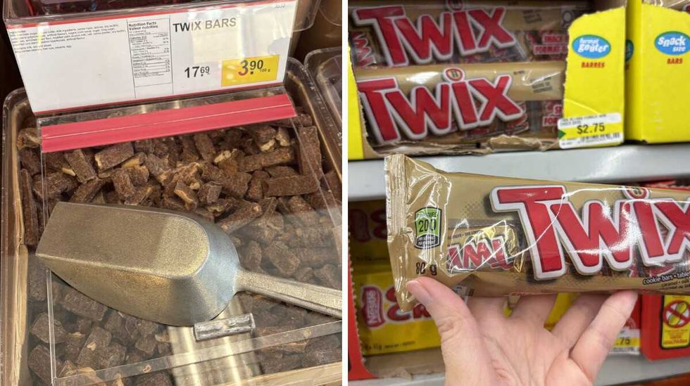 bin of \u200b\u200bMini Twix at Bulk Barn. Right: person holding pack of Mini Twix bars at Dollarama.