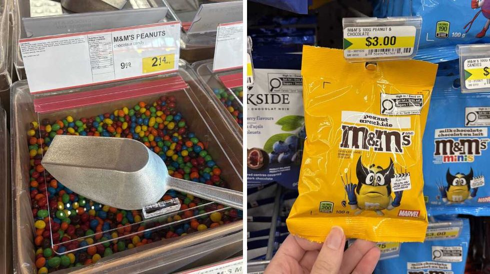 bin of \u200b\u200bPeanut M&M's at Bulk Barn. Right: person holding bag of Peanut M&M's at Dollarama.