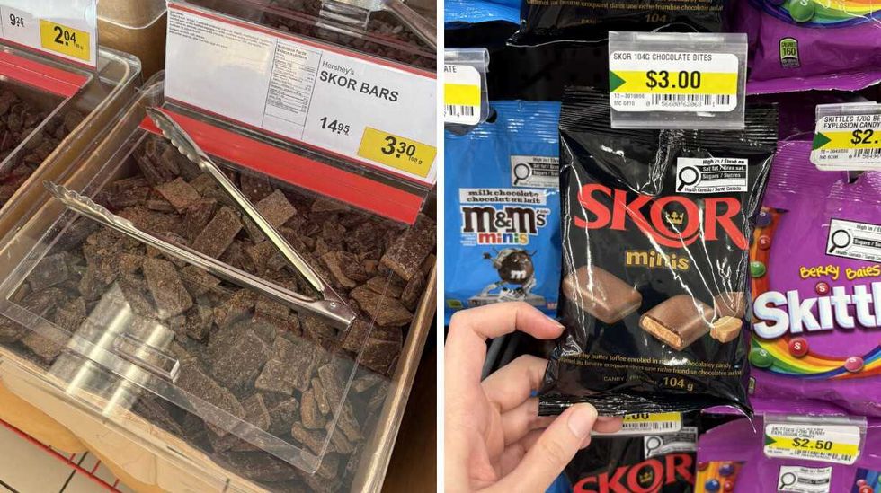 bin of \u200b\u200bSkor bars at Bulk Barn. Right: person holding bag of Mini Skor bars at Dollarama.