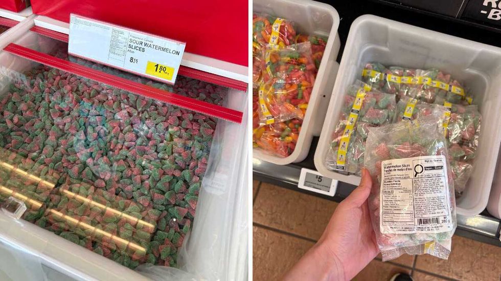 bin of \u200b\u200bSour watermelon slices at Bulk Barn. Right: person holding bag of Sour watermelon slices at Loblaws.