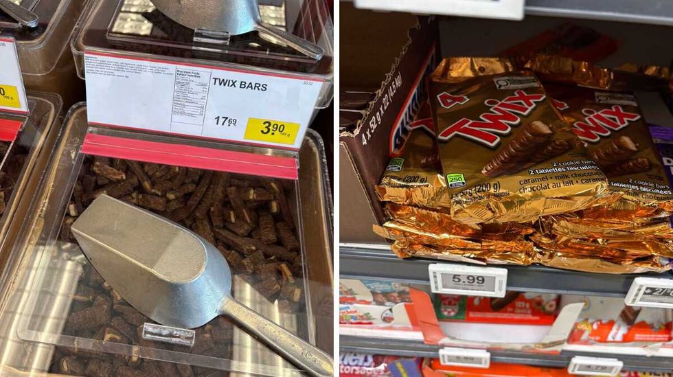 bin of \u200b\u200bTwix at Bulk Barn. Right: packs fo Twix at Loblaws.