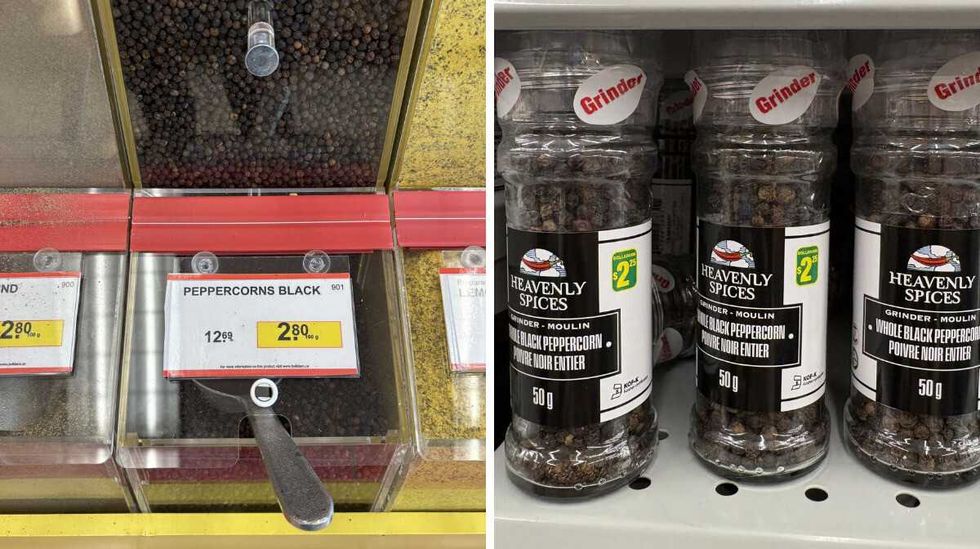 bin of \u200bBlack peppercorns at Bulk Barn. Right: bottles of Black peppercorns at Dollarama.