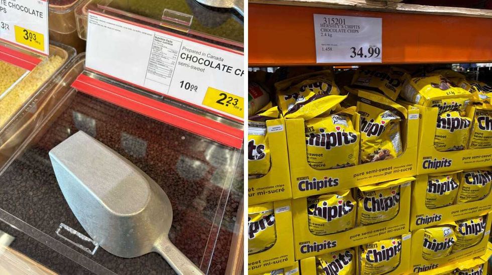 bin of \u200bChocolate chips at Bulk Barn. Right: bags of Chipits chocolate chips at Costco.