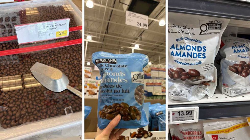 bin of \u200bChocolate-covered almonds at Bulk Barn. Centre: person holding bag of Kirkland Signature chocolate-covered almonds at costco. Right: bags of President's Choice chocolate-covered almonds at loblaws.
