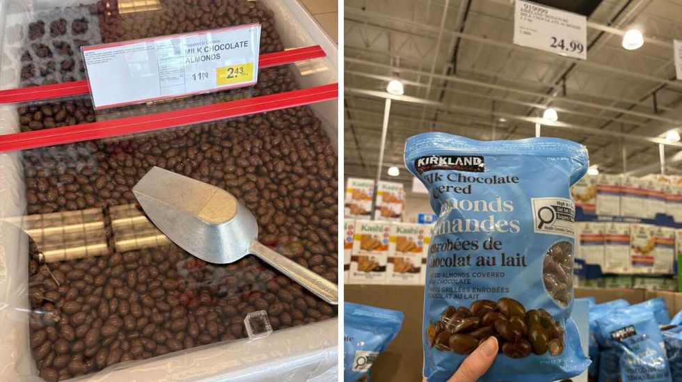 bin of \u200bChocolate-covered almonds at Bulk Barn. Right: person holding bag of Kirkland Signature chocolate-covered almonds.