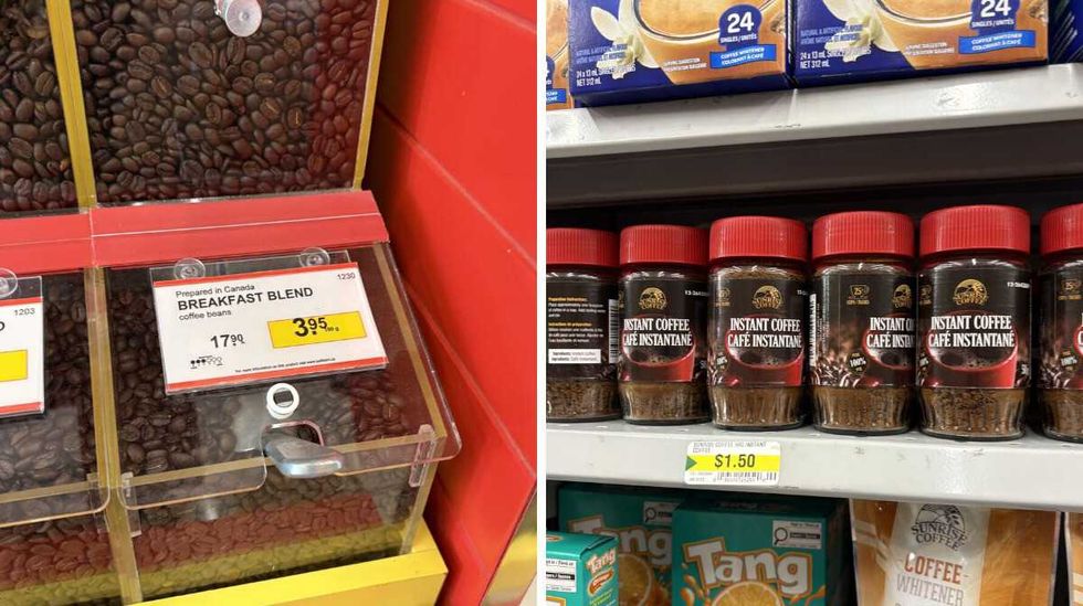 bin of \u200bCoffee beans at Bulk Barn. Right: jars of Instant coffee at Dollarama.