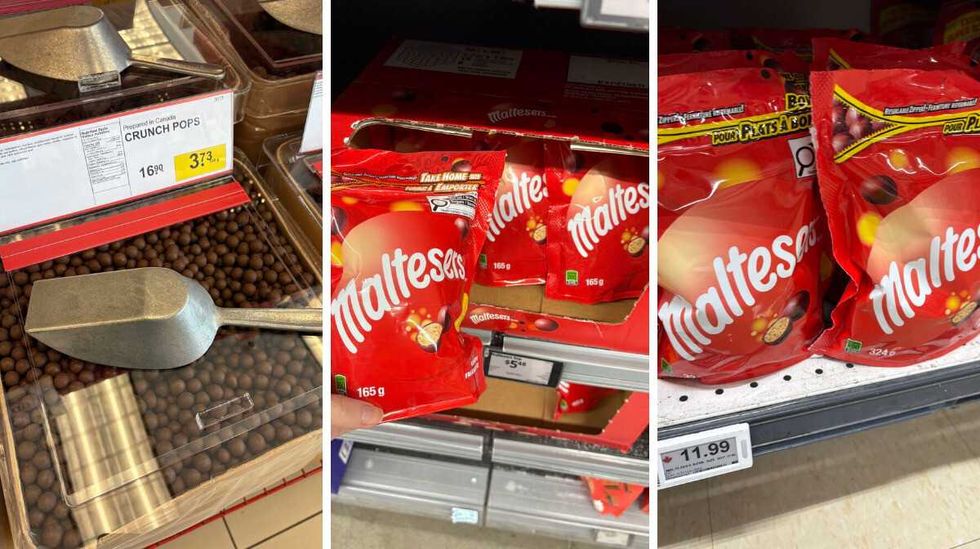 bin of \u200bCrunch Pops at Bulk Barn. Centre: person holding bag of Maltesers at Walmart. Right: bags of Maltesers at Lobalws.