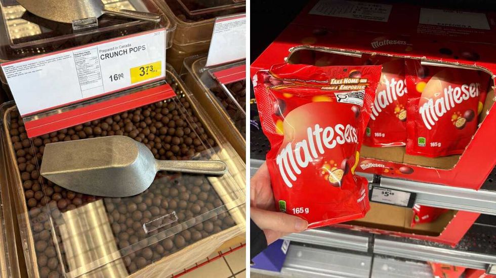 bin of \u200bCrunch Pops at Bulk Barn. Right: person holding bag of Maltesers at Walmart.