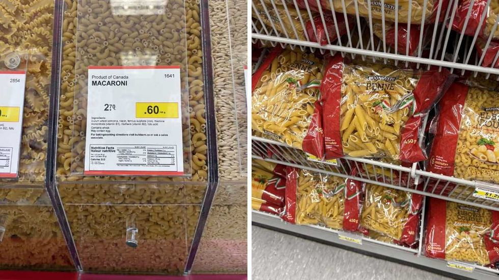 bin of \u200bDried pasta \u200bat Bulk Barn. Right: bags of Dried pasta at Dollarama.