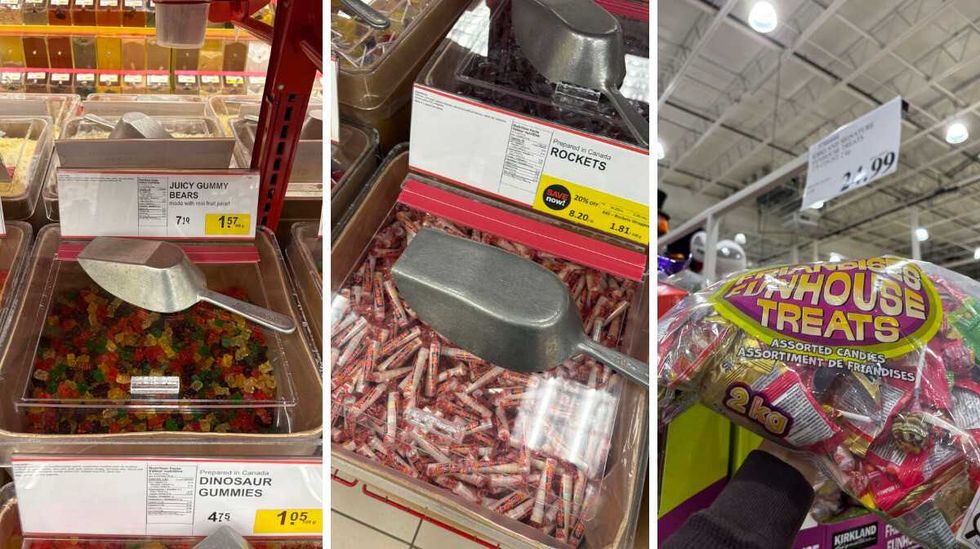 bin of \u200bGummy bears at Bulk Barn. Centre: bin of Rockets at Bulk Barn. Right: person holding bag of Kirkland Signature Funhouse Treats candy at Costco