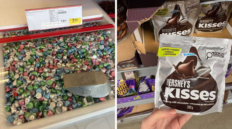 bin of \u200bHershey's Kisses at Bulk Barn. Right: person holding bag of Hershey's Kisses at Walmart.