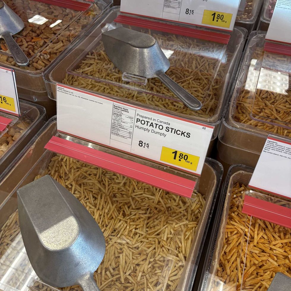 bin of \u200bHumpty Dumpty potato sticks at Bulk Barn