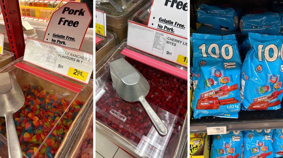 bin of \u200bJolly Rancher gummies at Bulk Barn. Centre: bin of Cherry licorice at Bulk Barn. Right: bags of Jolly Rancher gummies and Twizzlers at Loblaws