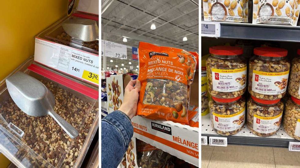 bin of \u200bMixed nuts at Bulk Barn. Centre: person holding bag of Kirkland Signature mixed nuts at Costco. Right: tubs of President's Choice mixed nuts at Loblaws.