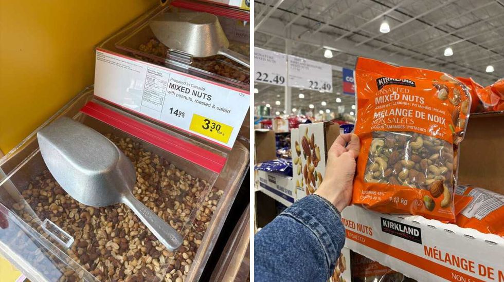 bin of \u200bMixed nuts at Bulk Barn. Right: person holding bag of Kirkland Signature mixed nuts at Costco.