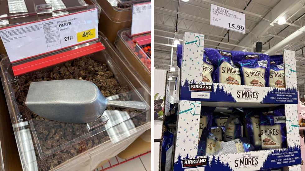 bin of \u200bOMG's at Bulk Barn. Right: bags of Kirkland Signature s'mores clusters at Costco.