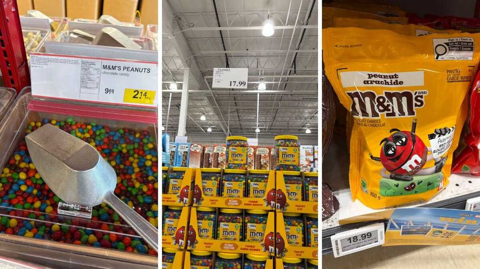 bin of \u200bPeanut M&M's at Bulk Barn. Centre: tubs of Peanut M&M's at Costco. Right: bags of Peanut M&M's at Loblaws.