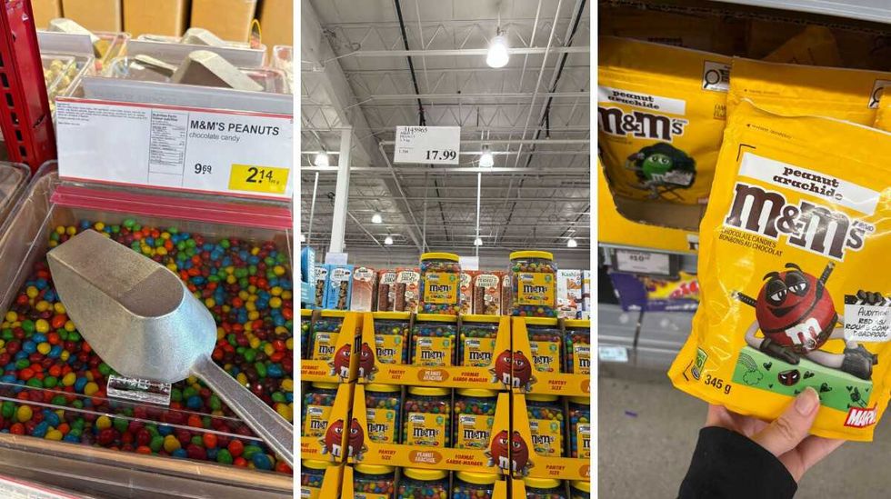bin of \u200bPeanut M&M's at Bulk Barn. Centre: tubs of Peanut M&M's at Costco. Right: person holding bag of \u200bPeanut M&M's at Walmart.