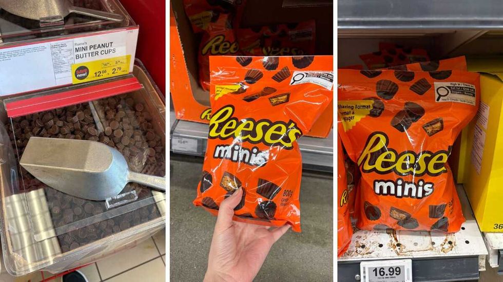 bin of \u200bReese's mini peanut butter cups at Bulk Barn. Centre: person holding bag of Reese's Minis at Walmart. Right: bags of Reese's Minis at Loblaws.