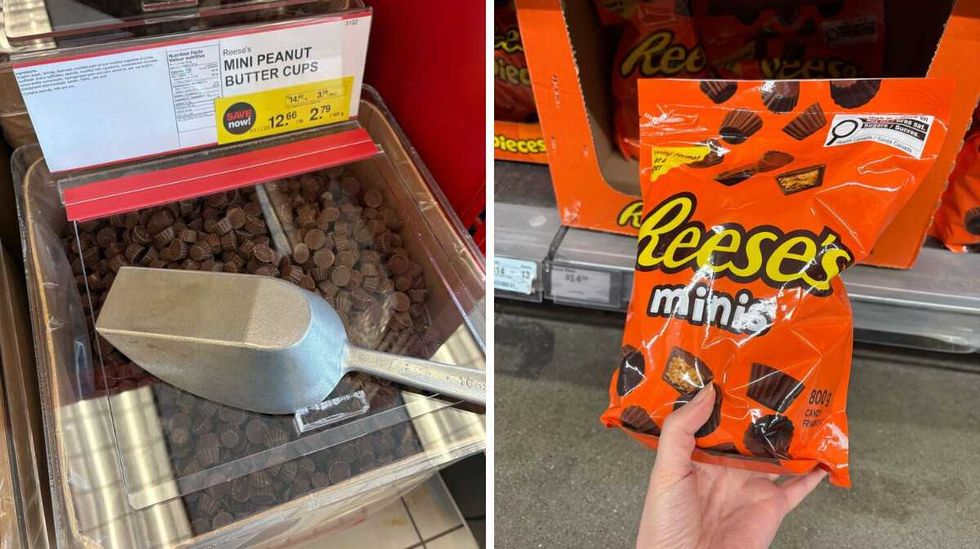 bin of \u200bReese's mini peanut butter cups at Bulk Barn. Right: person holding bag of Reese's Minis at Walmart.