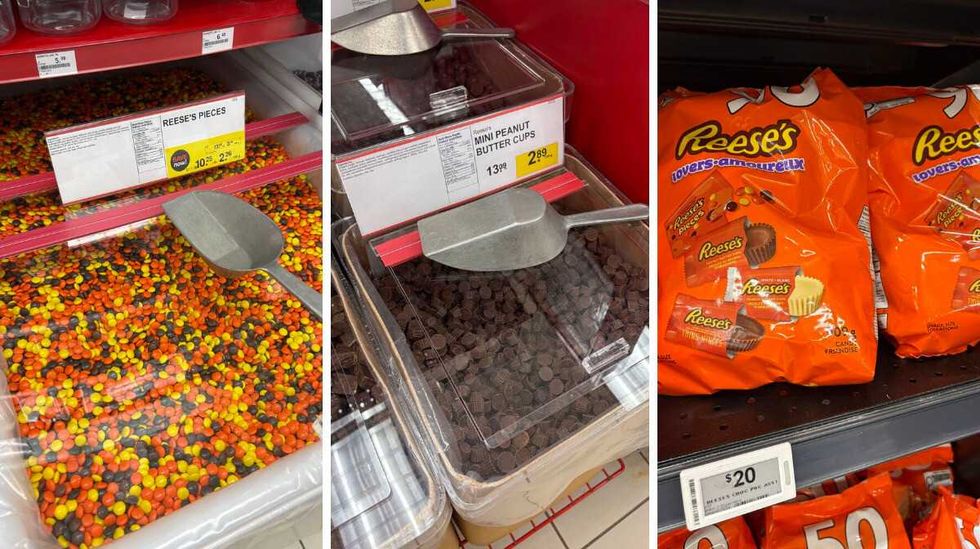 bin of \u200bReese's Pieces at Bulk Barn. Centre: bin of Reese's mini peanut butter cups at Bulk Barn. Right: bags of Reese's Pieces, Reese's peanut butter cups and Reese's Thins at Loblaws.