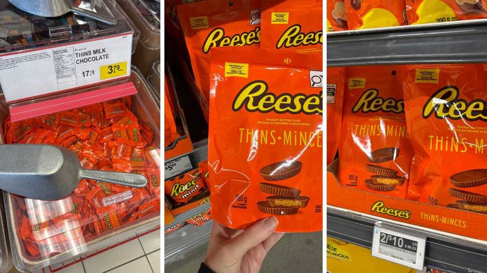 bin of \u200bReese's Thins at Bulk Barn. Centre: person holding bag of Reese's Thins at Walmart. Right: bags of Reese's Thins at Loblaws.